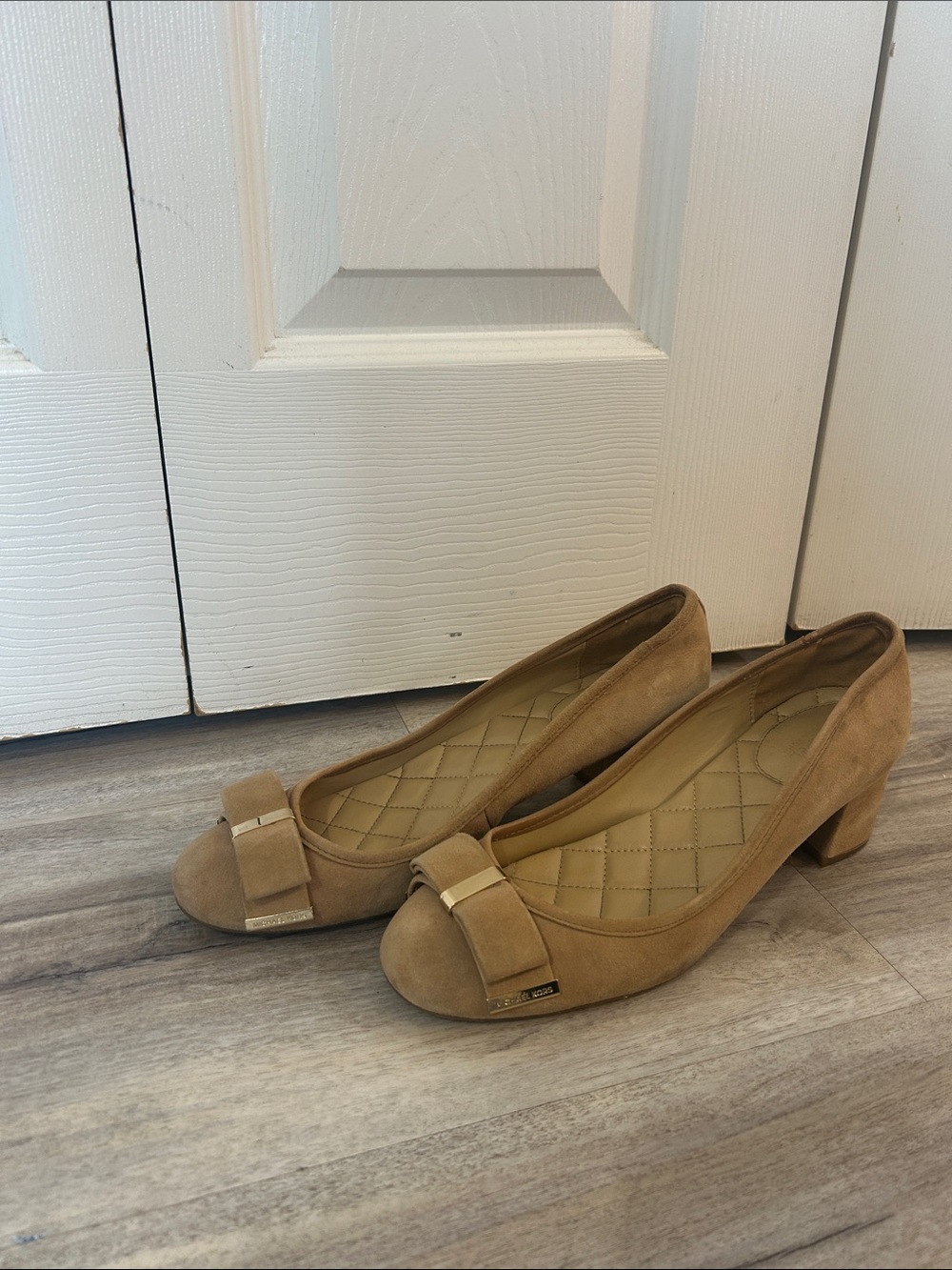 Women's Taupe Suede Low Block Heel Pumps with Bow Accent